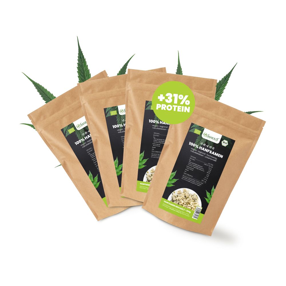 SANUUS® Bio Hanfsamen 4x250g geschält mit 30% Protein regional aus Bayern