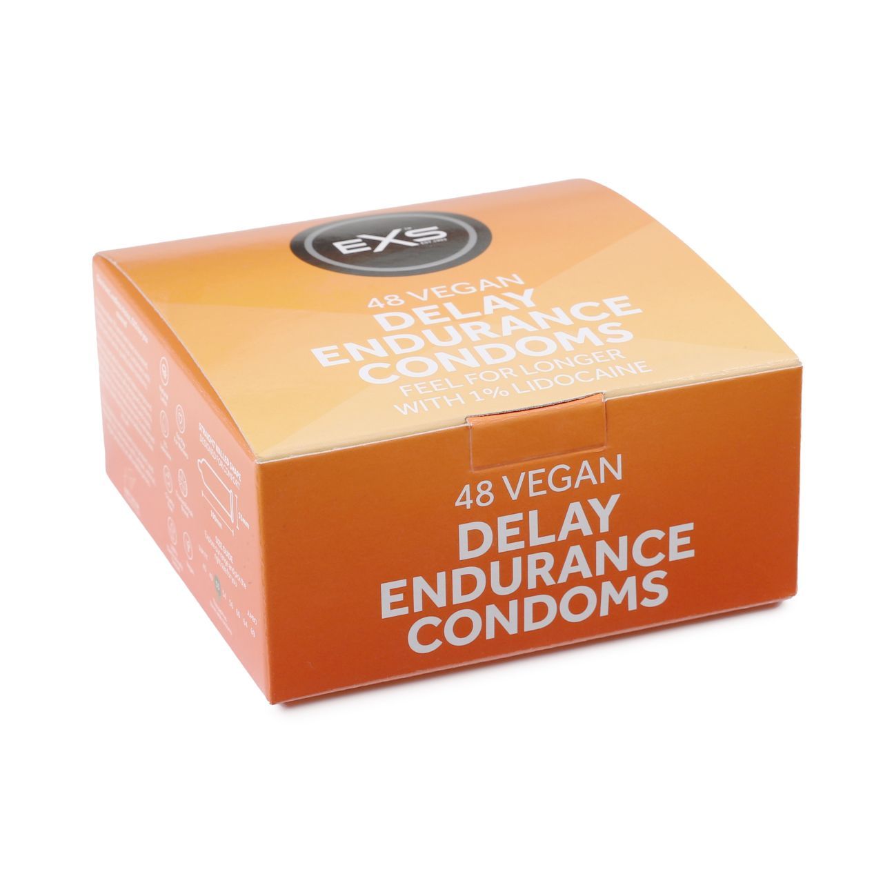 Verpackung mit 48 veganen EXS Delay Endurance Kondomen, enthält 1% Lidocain.