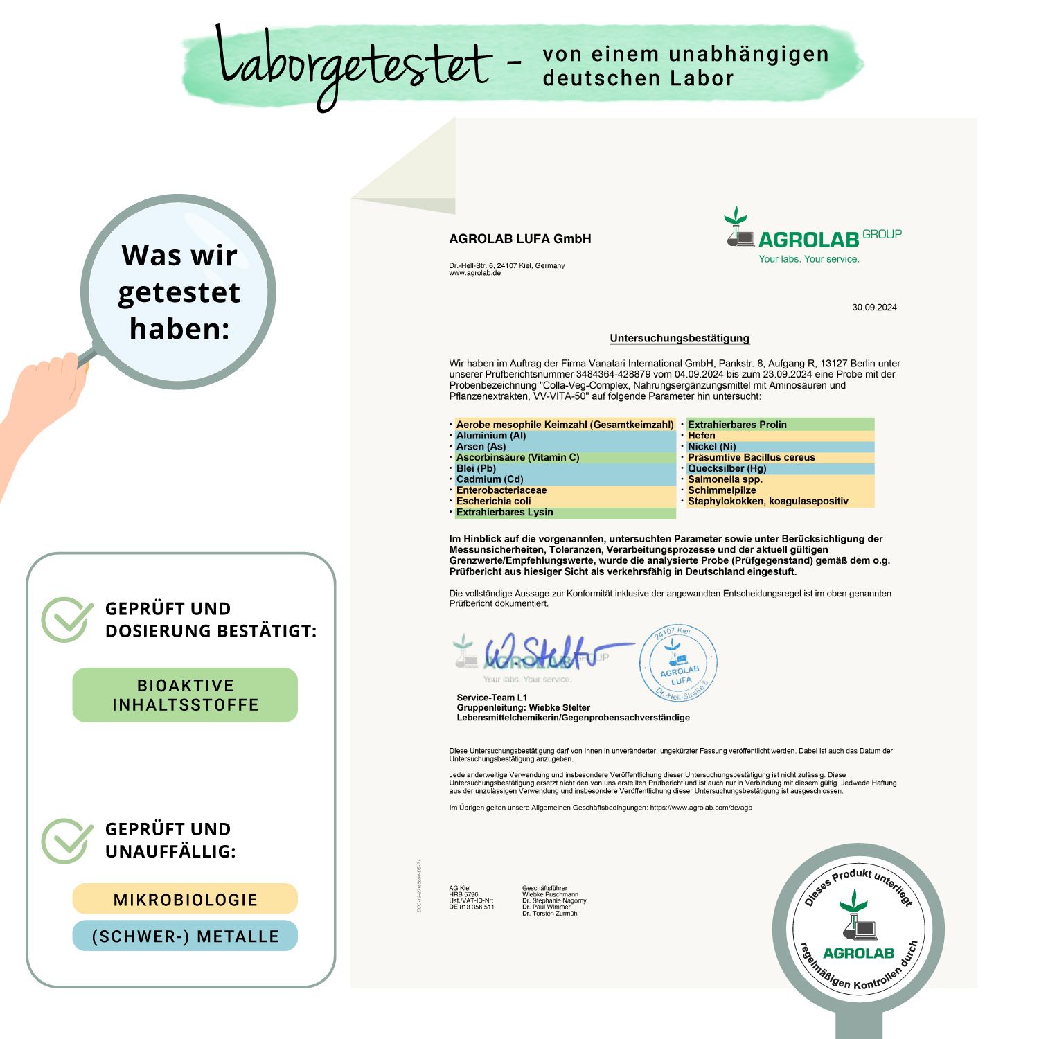 Laborbericht von Agrolab. Bestätigung der Inhaltsstoffe und Mikrobiologie. Geprüft und dosiert bestätigt. Unterschrift.
