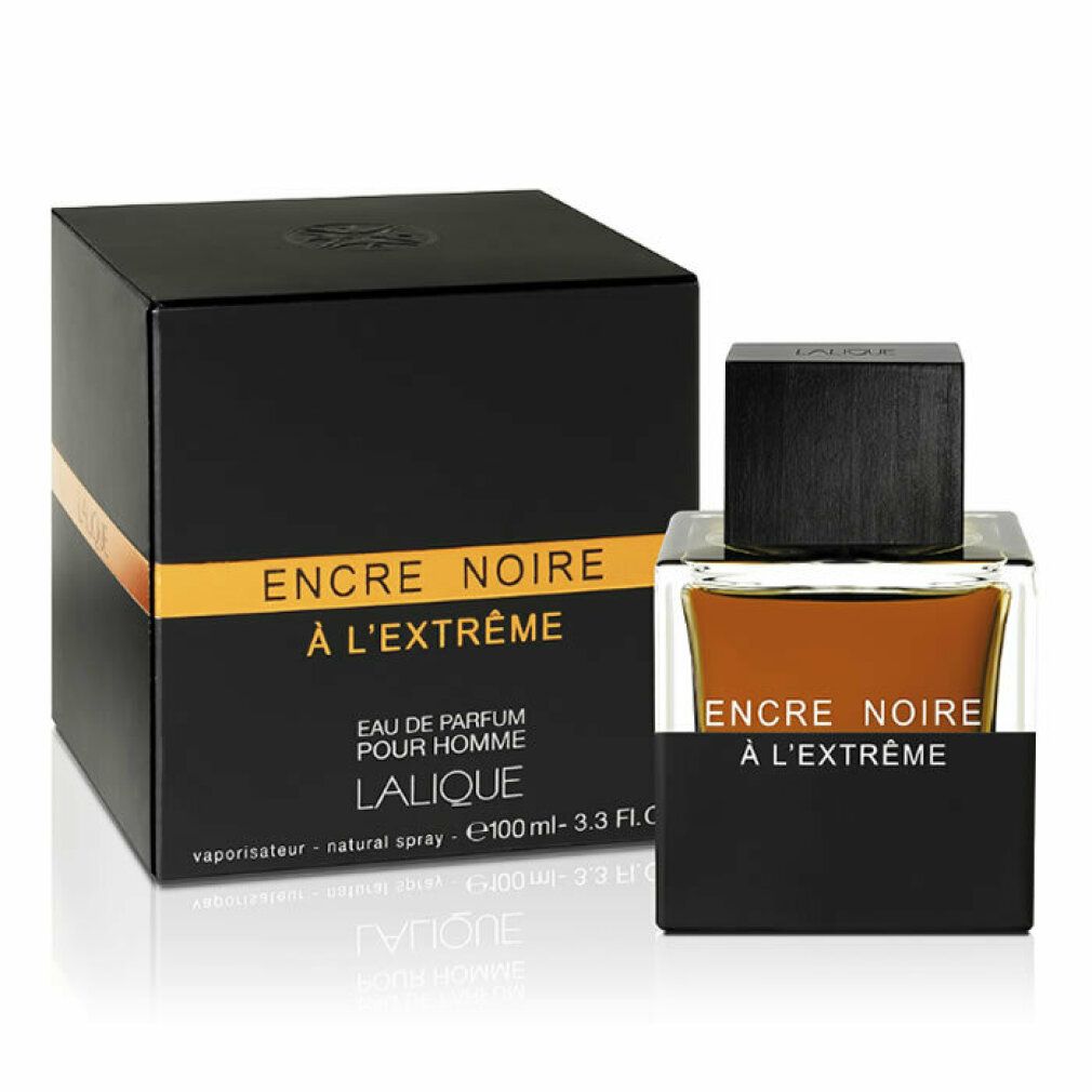 Schwarzer Flakon und Verpackung. Aufschrift: Encre Noire à L'Extreme, Eau de Parfum Pour Homme, Lalique.
