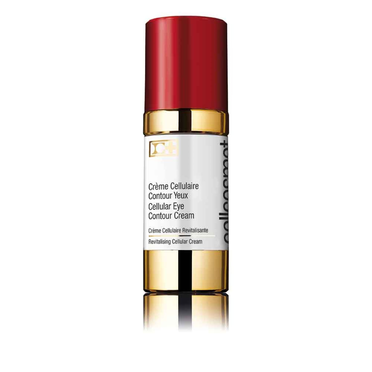 Cellcosmet Eye Contour Cream, Produkt mit roter Kappe, goldener Ring, weißer Behälter. Text: Crème Cellulaire Contour Yeux.