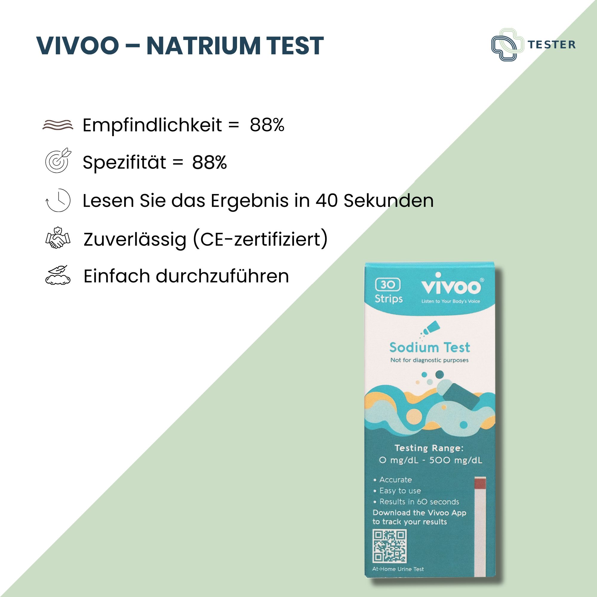 Vivoo Natrium Test-Verpackung. 30 Teststreifen. Text: Sodium Test, Testing Range: 0-500 mg/dL. Zusätzlicher Text und Symbole.