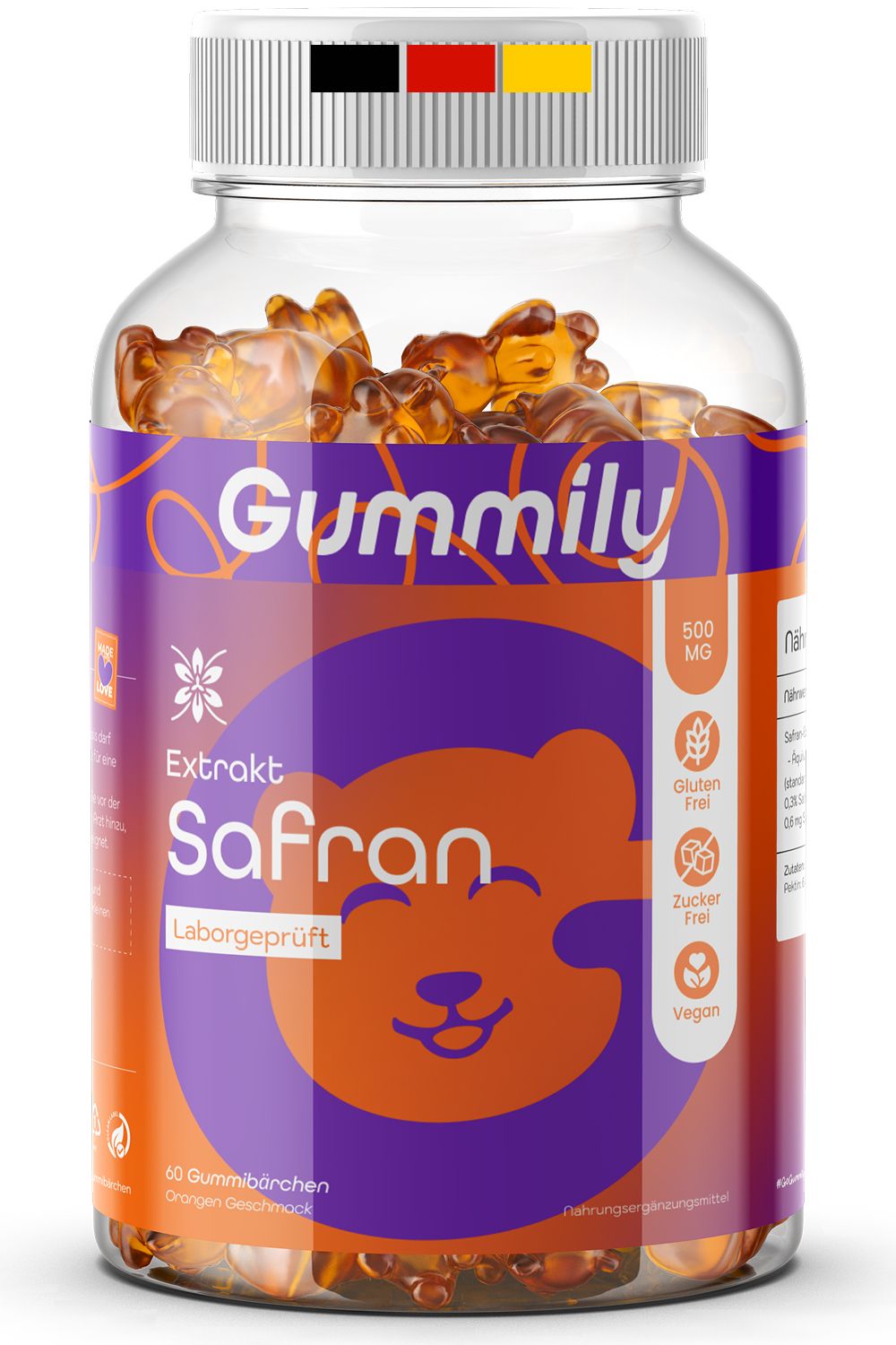 Gummily Safran Extrakt Flasche mit deutscher Flagge auf dem Deckel.