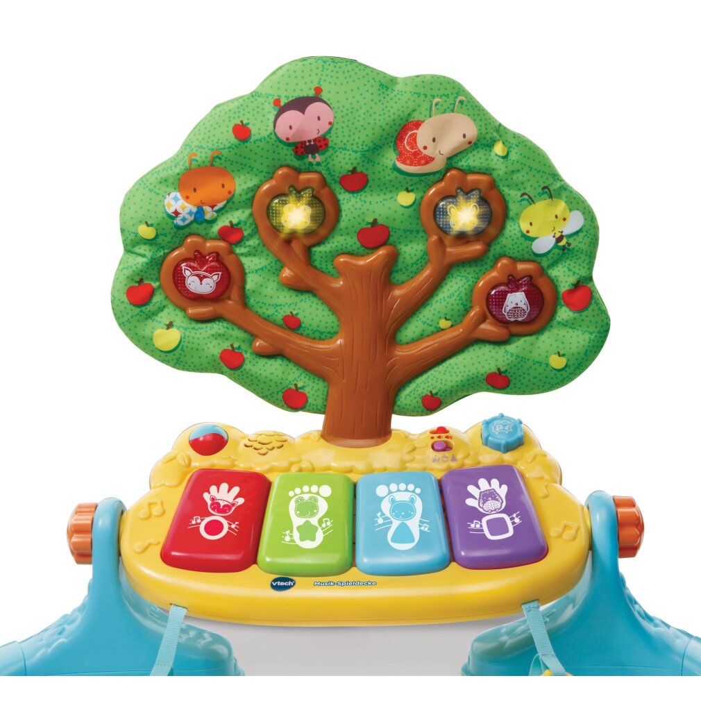 Gelbes Spielzeug mit Baum-Element, Klaviertasten und bunten Tasten. Vtech Logo.