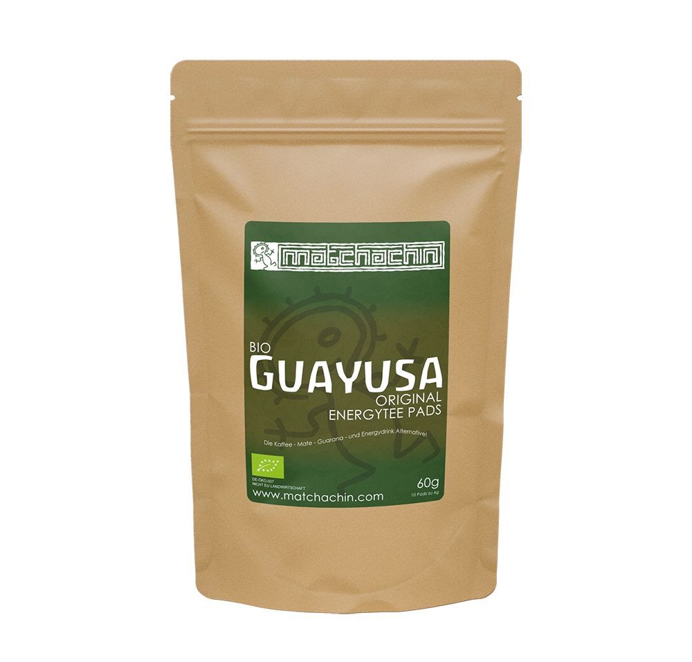 Brauner Beutel mit grünem Etikett. Text: Matchachin BIO Guayusa Energytee Pads. Bio-Siegel. 60g.