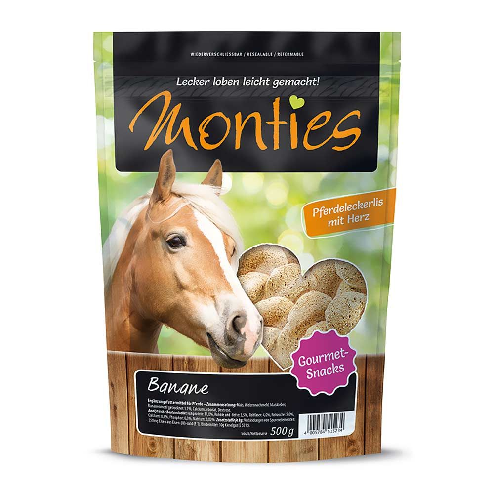 Verpackung mit Pferde-Snacks "Monties Banane". Abbildung eines Pferdekopfes. Herzförmige Snacks. Text: "Gourmet-Snacks".