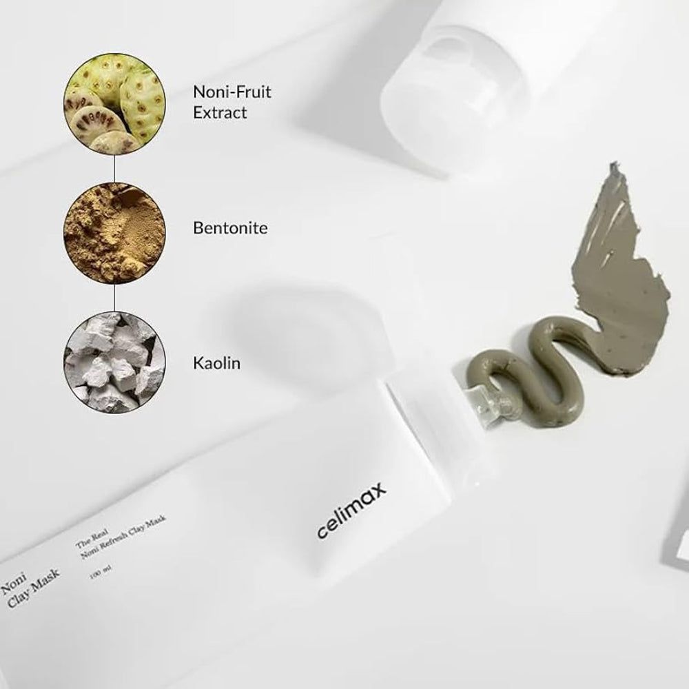 Zutaten Noni-Extrakt, Bentonit, Kaolin und eine Probe der CELIMAX Tonmaske.