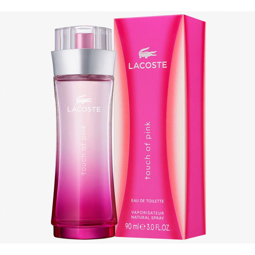 Lacoste Touch of Pink Eau de Toilette Flakon und Verpackung, 90 ml.