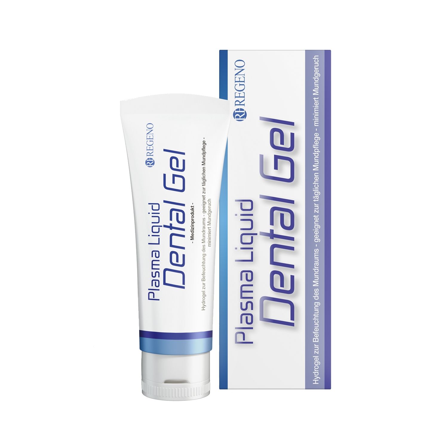 Zahngel-Tube und Verpackung. Aufschrift: Plasma Liquid Dental Gel. Marke: REGENO. Weiß, blau.