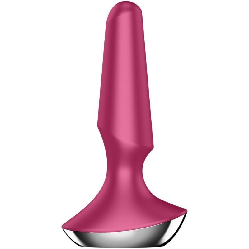 Rosa Plug-Vibrator mit silberfarbener Basis. Kegelförmiger Schaft, geschwungene Form. Glatte Oberfläche.