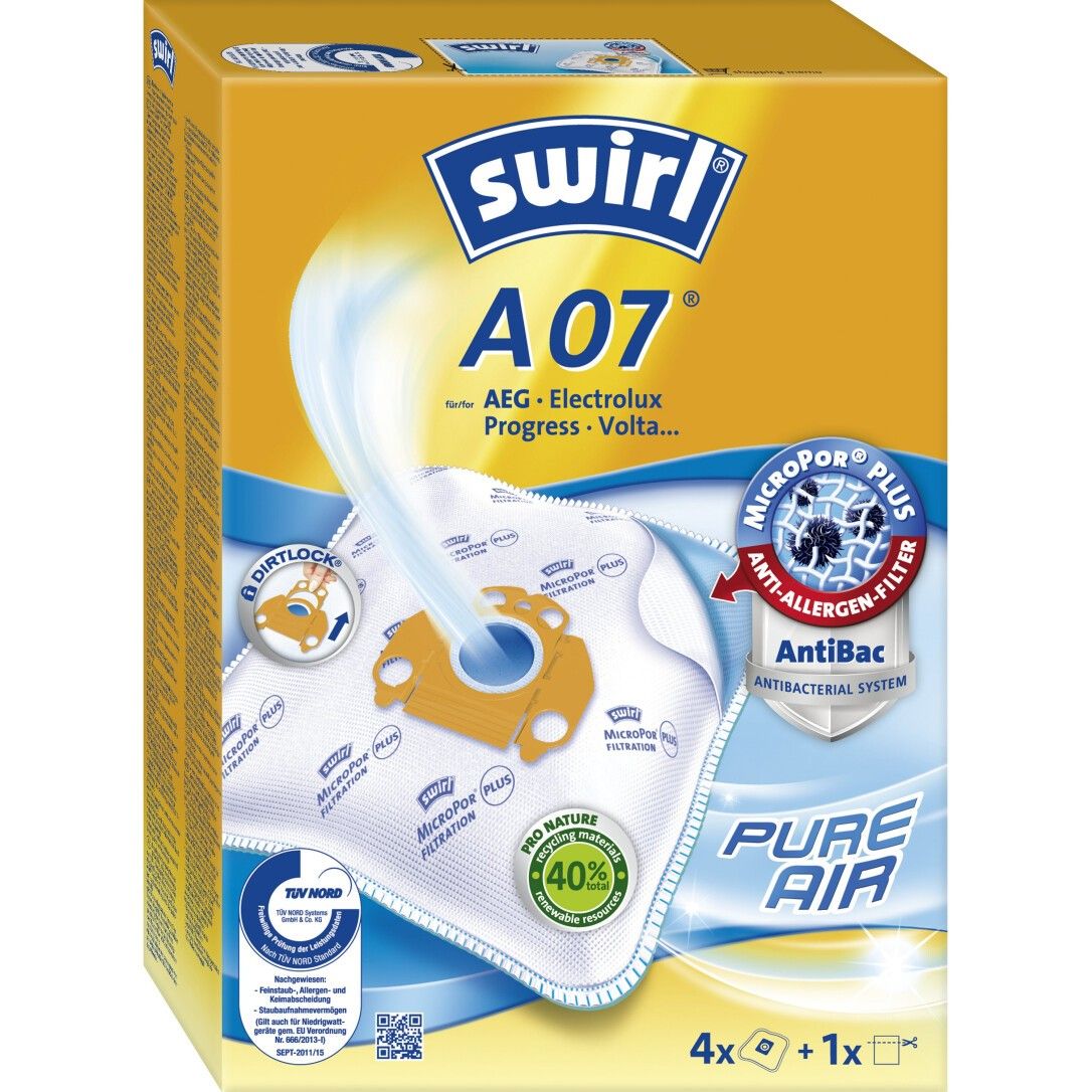 Swirl A 07 MP Plus AirSpace Staubsaugerbeutel. Gelbe Verpackung mit Produktabbildung. Enthält 4+1 Beutel. Text: "MICROPOR PLUS Anti-Allergen-Filter AntiBac". Zertifizierung: TÜV NORD. Geeignet für AEG, Electrolux, Progress, Volta.