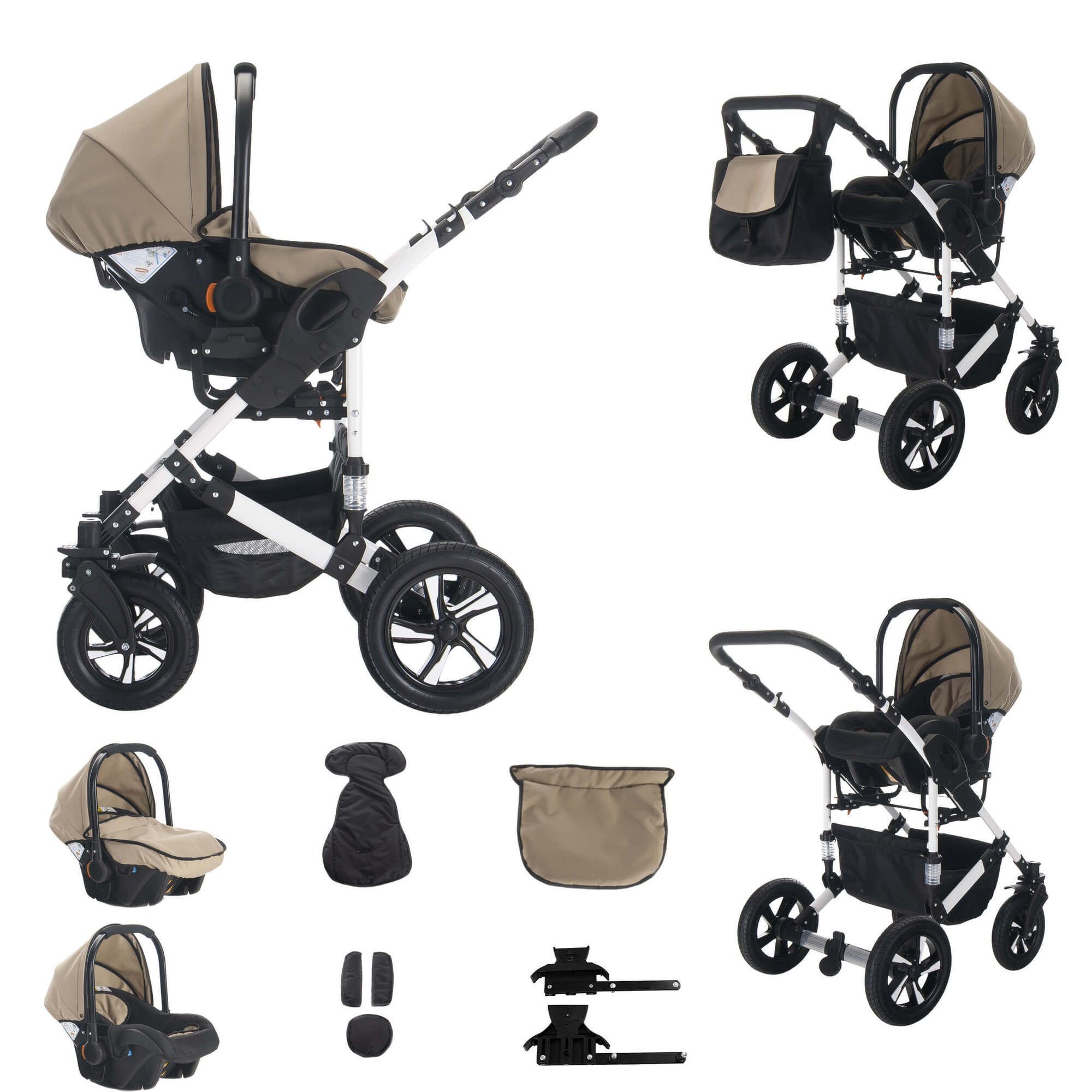 Kinderwagen-Set in Flotaupe mit Hartgummireifen. Enthält Babyschale, Sportsitz, Zubehör. Schwarz-weißes Gestell.