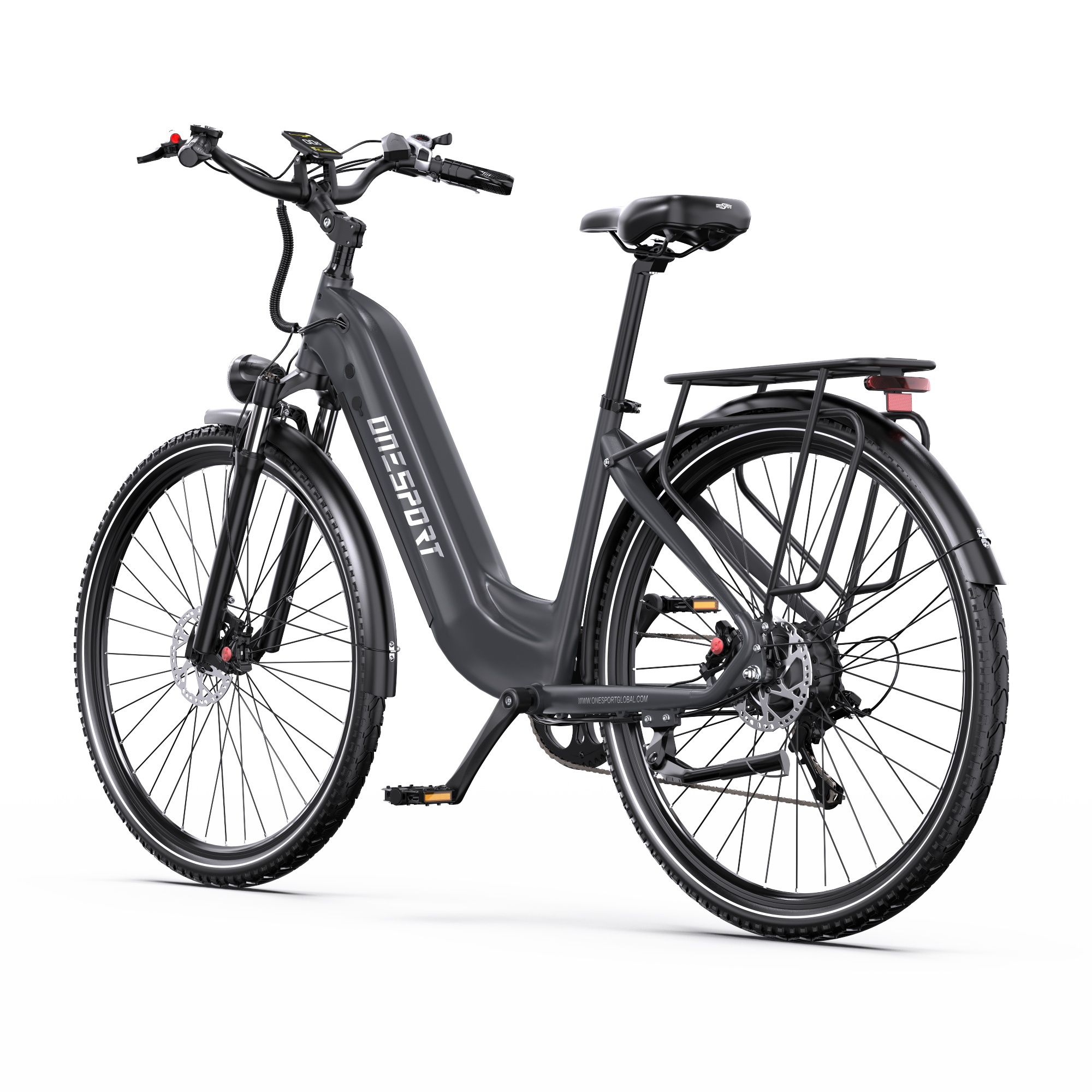 Graues Onesport OT05Pro E-Bike. Sichtbar: Gepäckträger, Scheinwerfer, Schutzbleche, Scheibenbremsen. Aufschrift: ONESPORT.