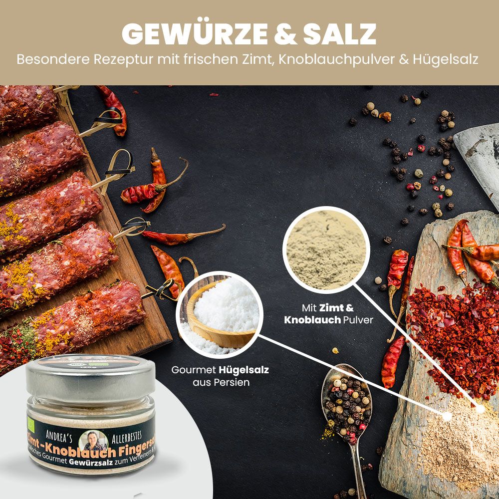 Glas mit Gewürzsalz, daneben Zutaten wie Salz, Pfeffer, Chili und Fleisch. Text: Gourmet Hügelsalz aus Persien.