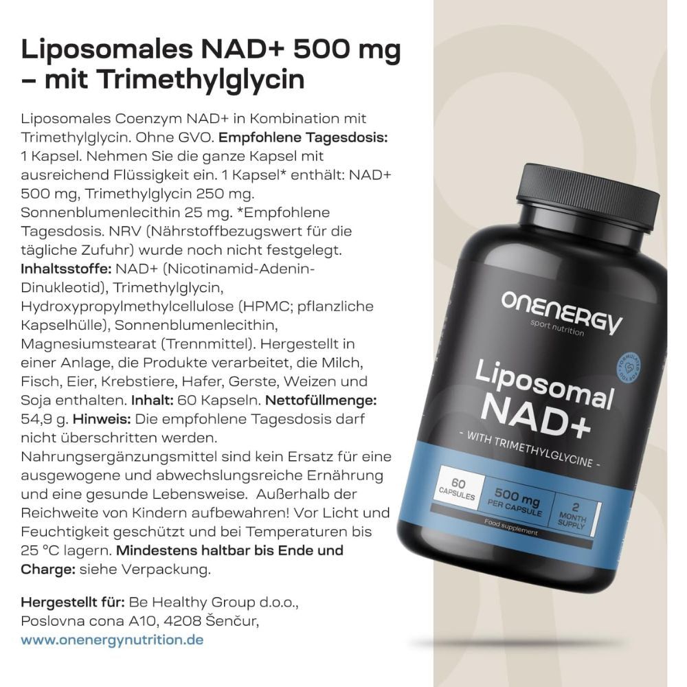 Flasche mit Kapseln. Aufschrift: OnEnergy, Liposomales NAD+ mit Trimethylglycin. 60 Kapseln, 500 mg.