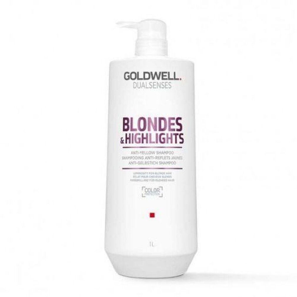 Goldwell Dualsenses Blondes & Highlights Shampoo. Weiße Flasche mit Pumpe. Text: Anti-Gelbstich Shampoo, 1L.