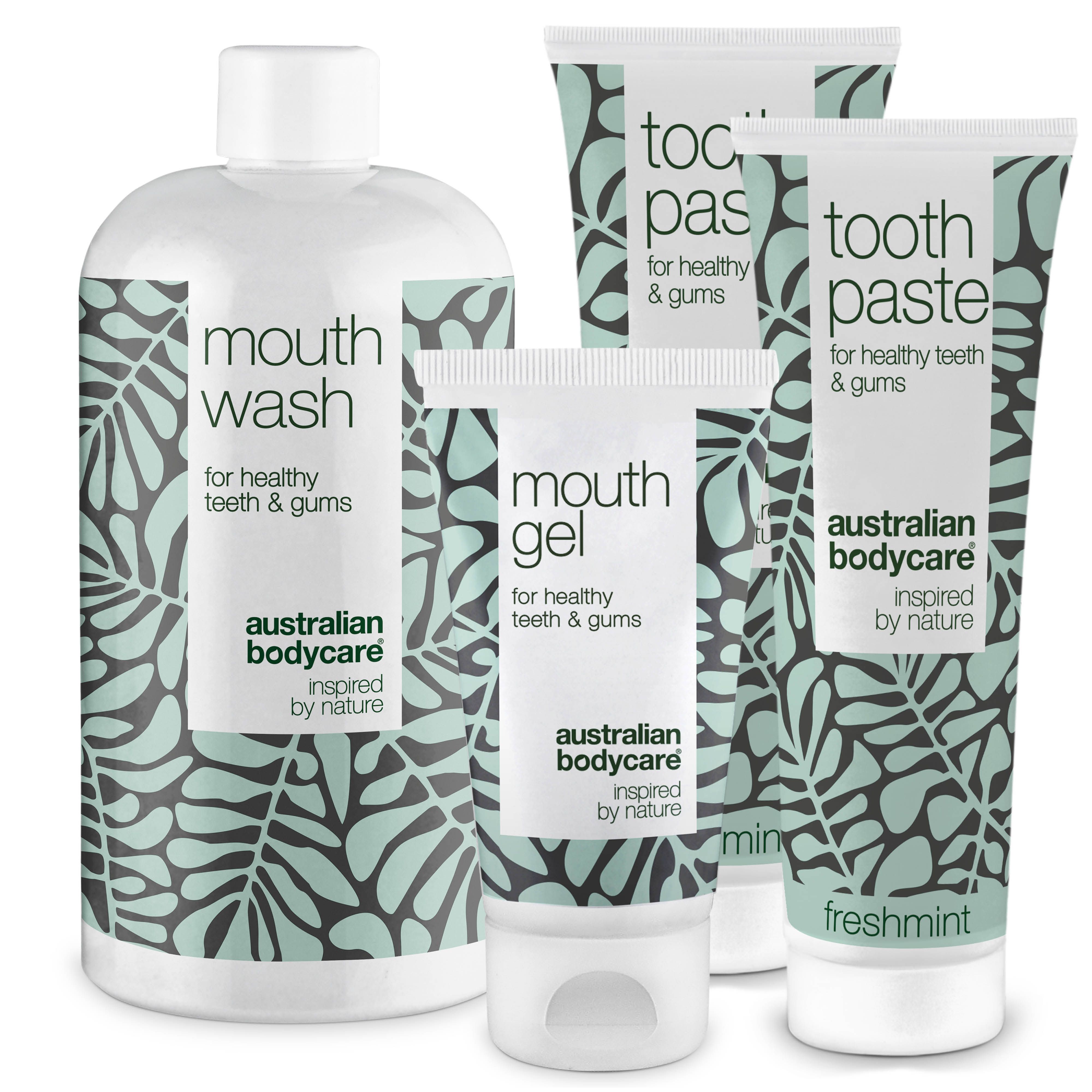 Mundwasser, Zahnpasta und Mundgel. Weiße Flaschen und Tuben mit grünen Blättern. Text: Australian Bodycare.