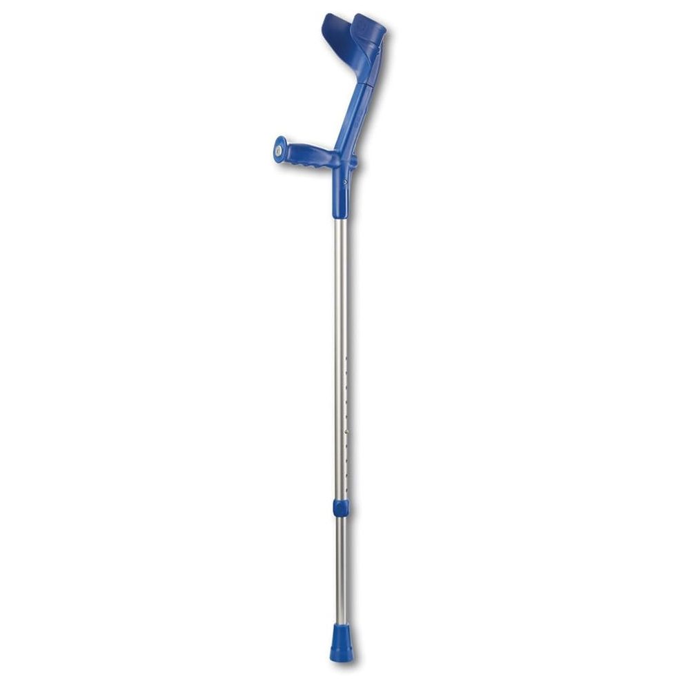 Blaue Unterarmgehstütze mit silbernem Schaft und verstellbarer Höhe.