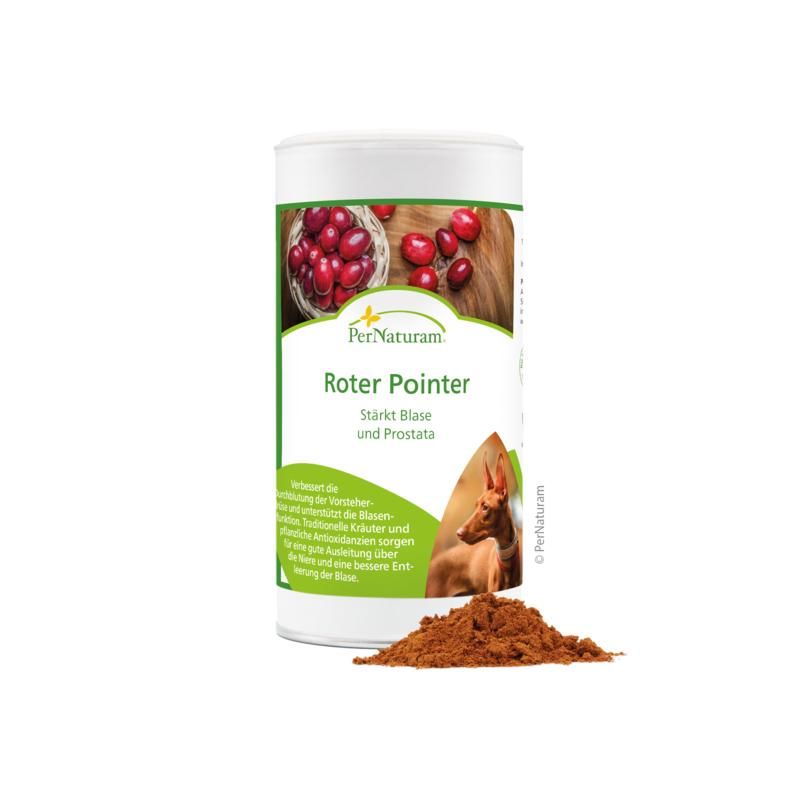 PerNaturam Roter Pointer Dose. Aufschrift: Stärkt Blase und Prostata. Abbildung von roten Früchten und einem Hund. Braunes Pulver daneben.