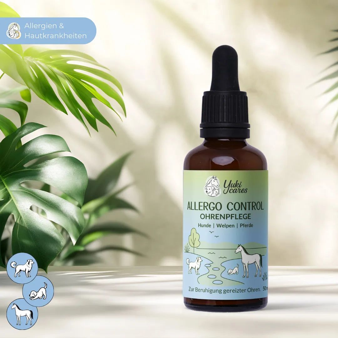 Braune Glasflasche mit schwarzem Tropfer. Etikett mit Produktname und Illustrationen. Blätter im Hintergrund.