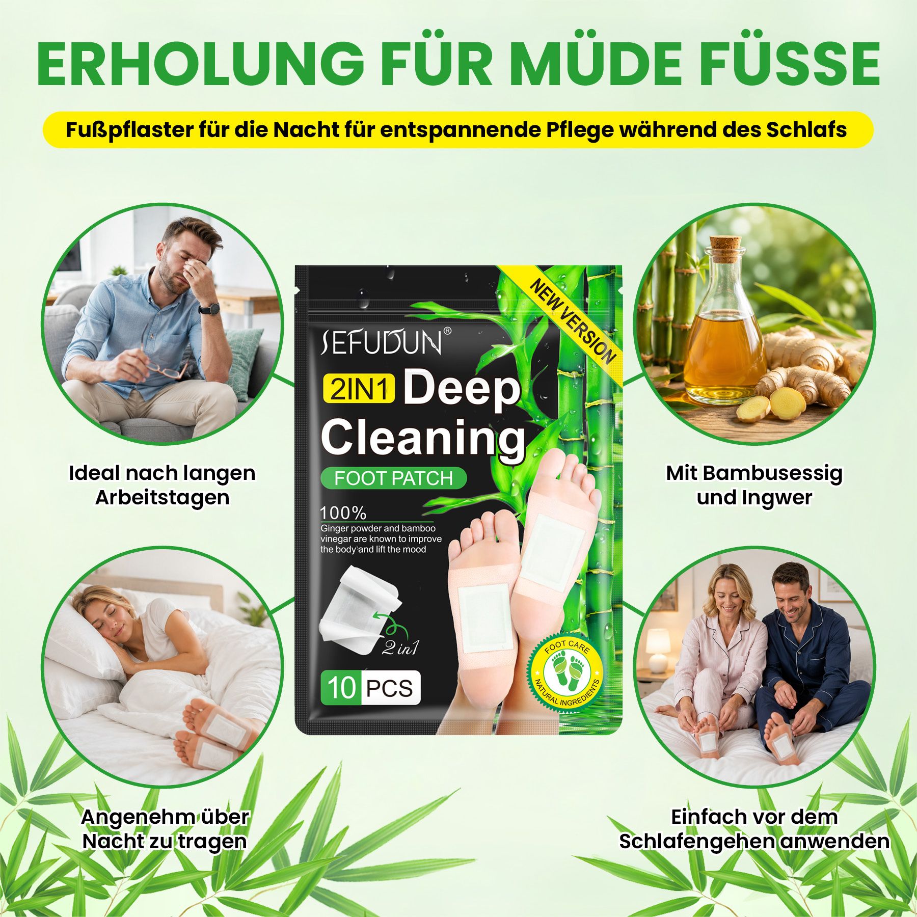 Verpackung mit 10 Fußpflastern, 2-in-1 Deep Cleaning Foot Patch, mit Bambusessig und Ingwer.