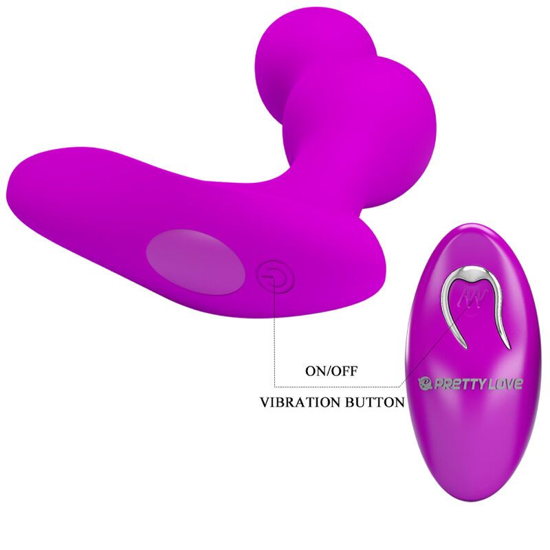 Lila Analvibrator und Fernbedienung. Der Vibrator hat eine gebogene Form. Die Fernbedienung hat Knöpfe und das Logo von Pretty Love.