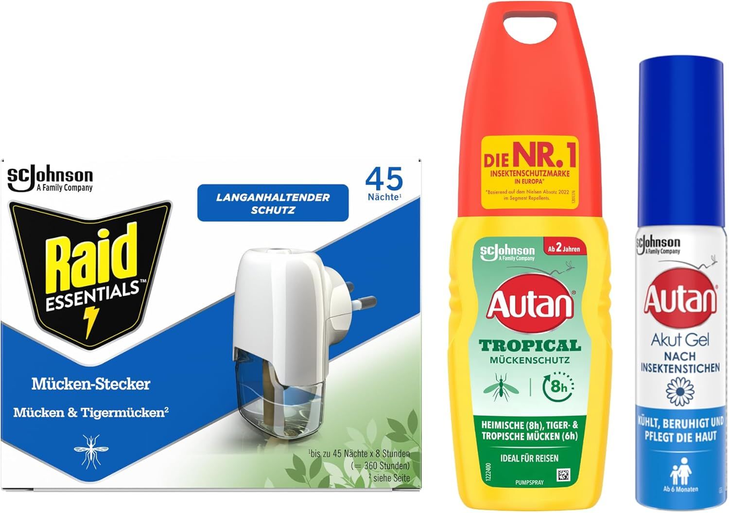 Raid Essentials, Autan Tropical und Akut Gel. Text: Lang anhaltender Schutz. Produkte nebeneinander.