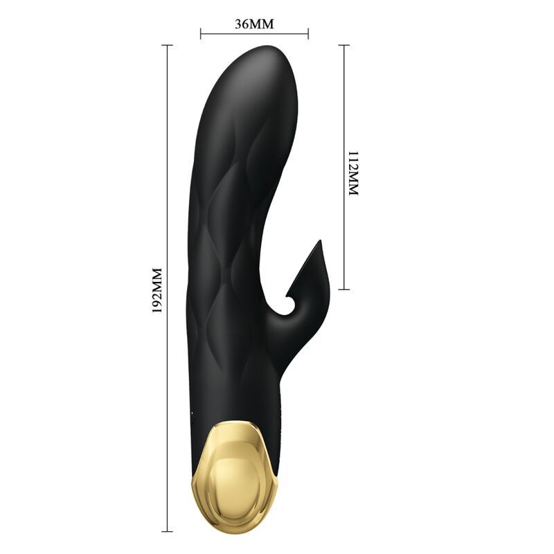 Schwarzer Vibrator mit goldfarbenem Akzent. Maße: 192mm Länge, 36mm Breite, 112mm Höhe.