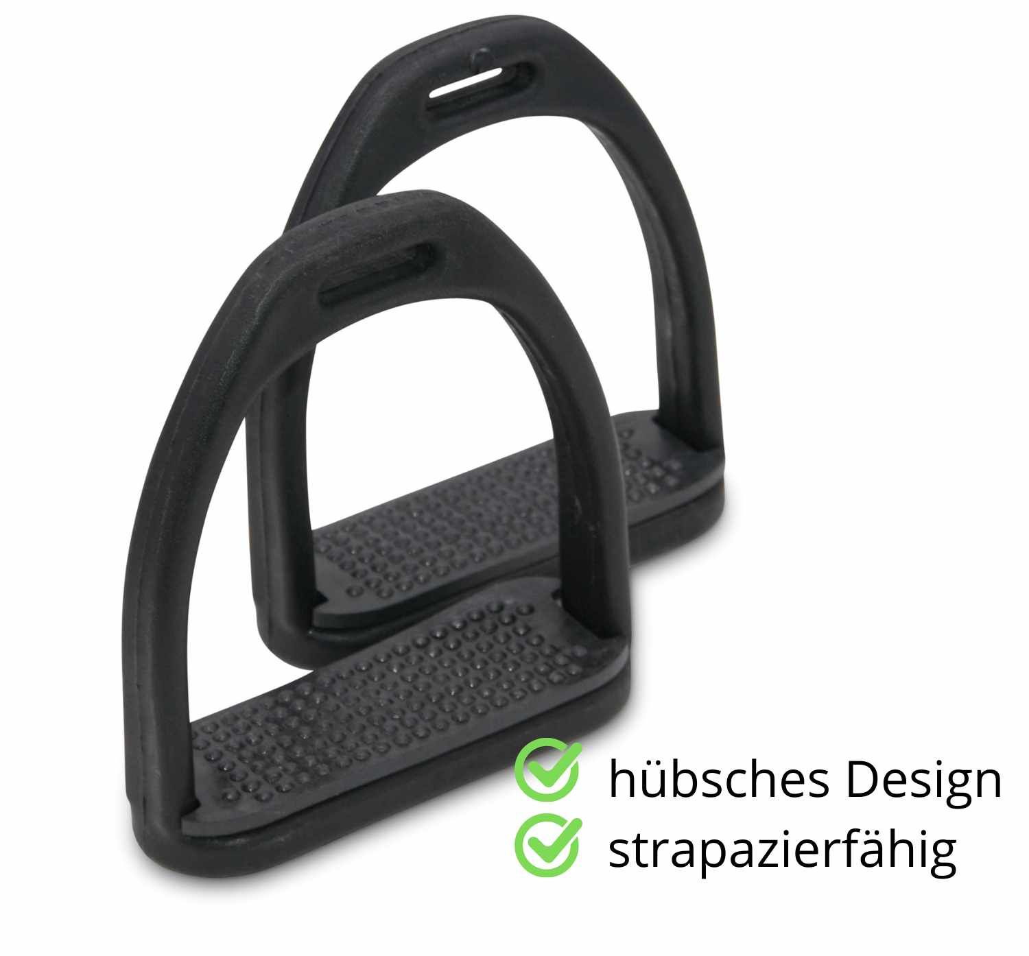 Zwei schwarze Steigbügel mit schwarzen Trittflächen. Text: hübsches Design, strapazierfähig.