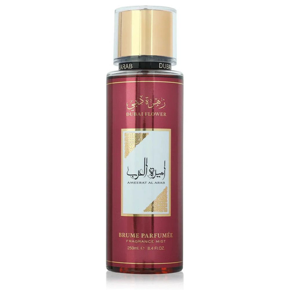 Rote Flasche mit goldfarbenem Deckel. Beschriftung: Dubai Flower, Ameerat Al Arab, Brume Parfumée. Klarer Zerstäuber.