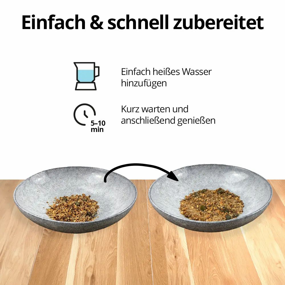 Zwei Schalen mit Speisen. Text: Einfach & schnell zubereitet. Schritte der Zubereitung.