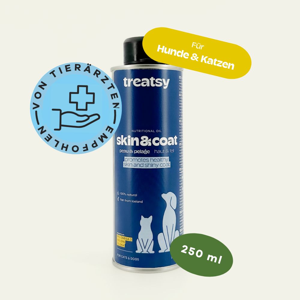 Blaue Dose mit schwarzem Deckel, Treatsy Skin & Coat. Aufkleber: Von Tierärzten empfohlen. Für Hunde & Katzen. 250 ml.