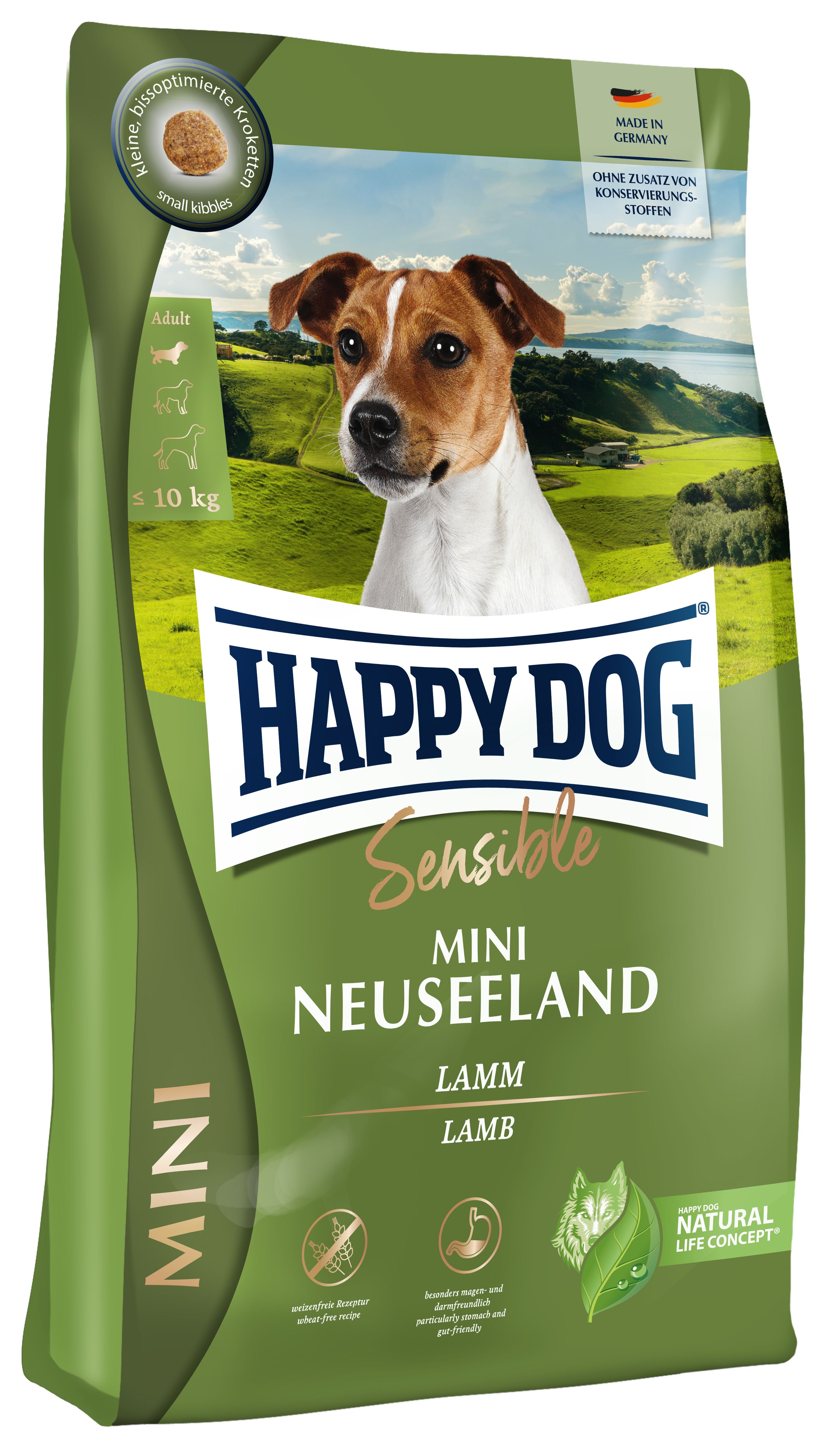 Grüne Tüte mit Hundefutter. Aufschrift: HAPPY DOG Sensible MINI Neuseeland, Lamm. Enthält ein Bild eines Hundes.