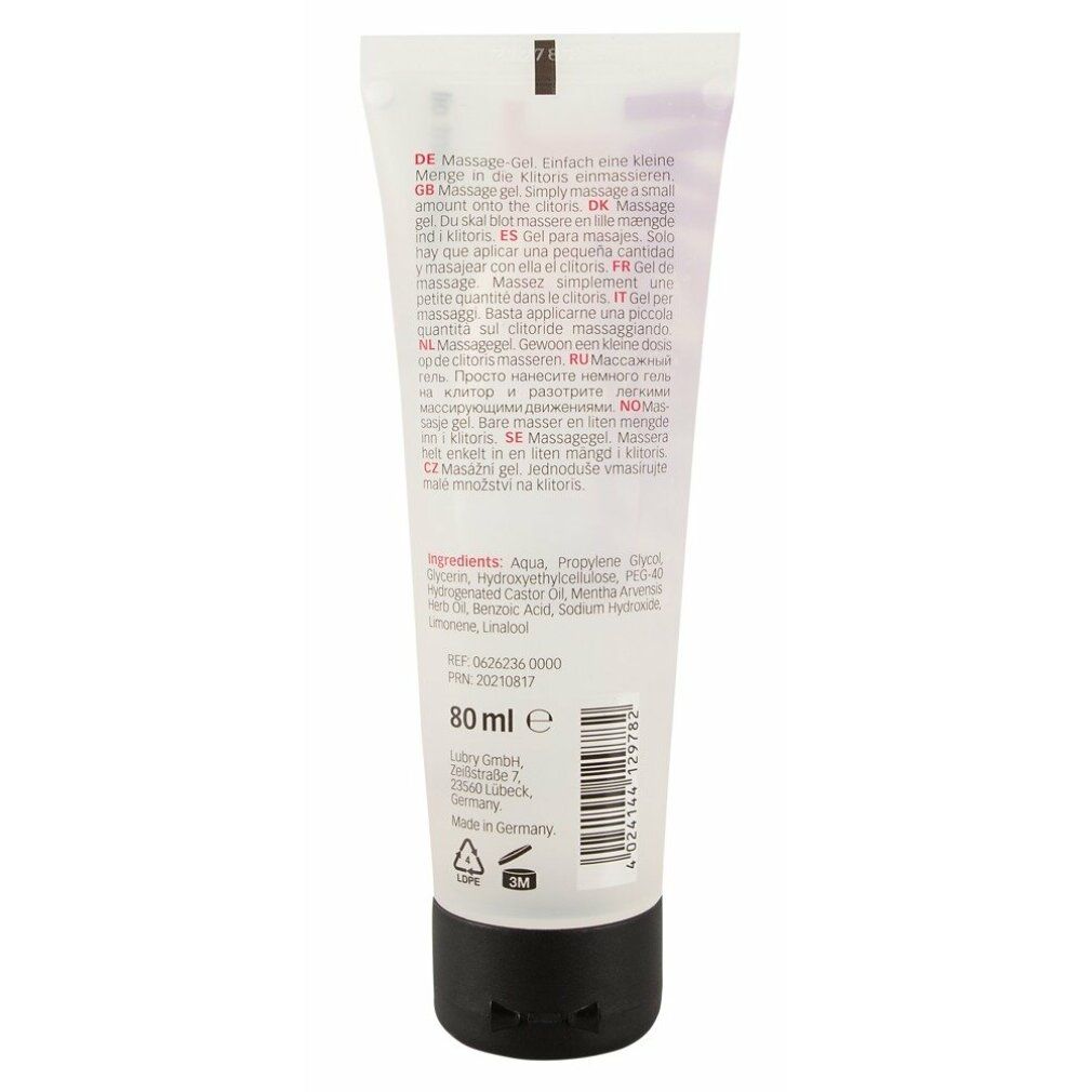 Rückseite der Tube "ORGASM GEL". Text in mehreren Sprachen. Inhaltsstoffe und 80 ml.