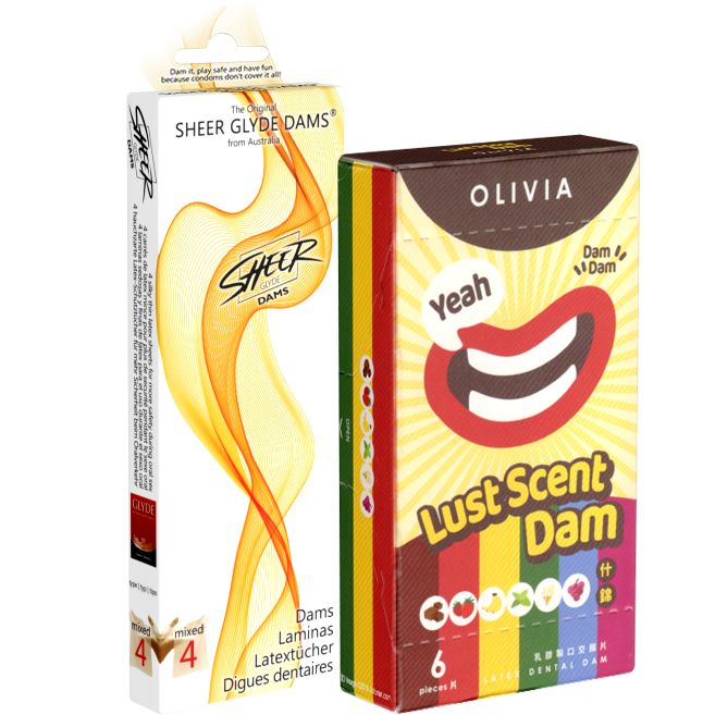 Kondomotheke® Dams-Doppel - 2 Sorten bunte Lecktücher mit Geschmack, Sheer Glyde & Olivia Mix