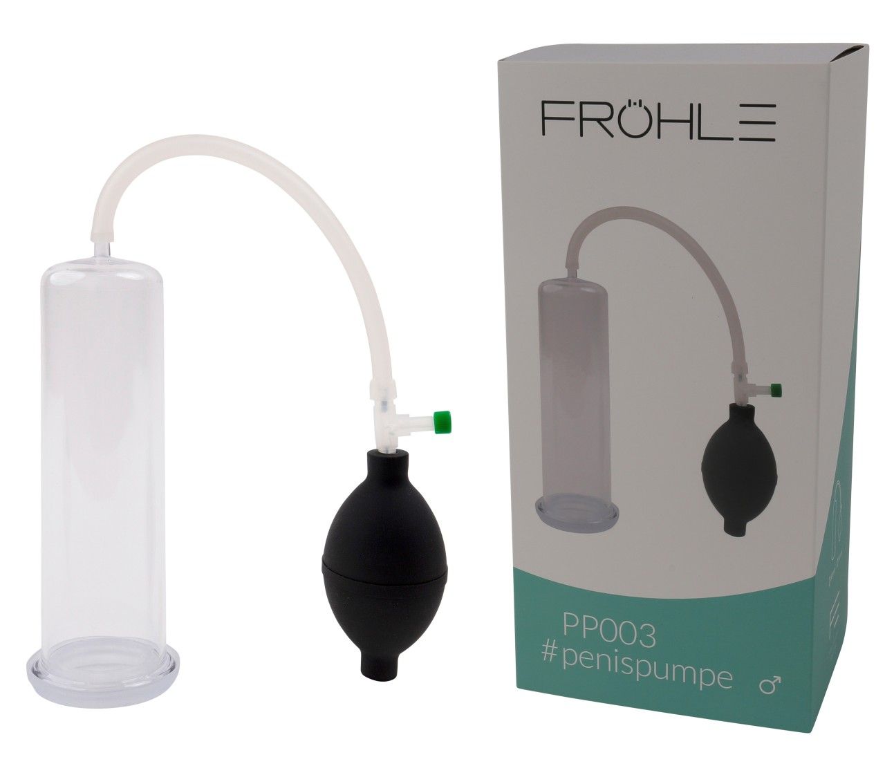 Produktverpackung mit transparentem Zylinder, schwarzem Gummiball, Schlauch und Ventil. Text: Fröhle, PP003.