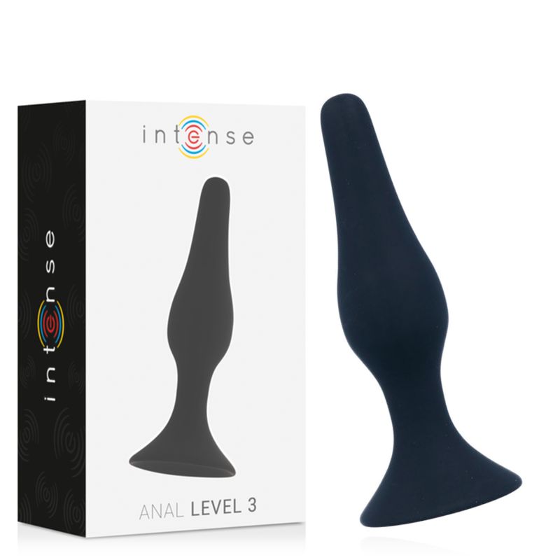 Schwarzes Anal-Stimulationsprodukt. Neben Produkt, Verpackung mit Logo und Schriftzug "Intense" und "Anal Level 3".