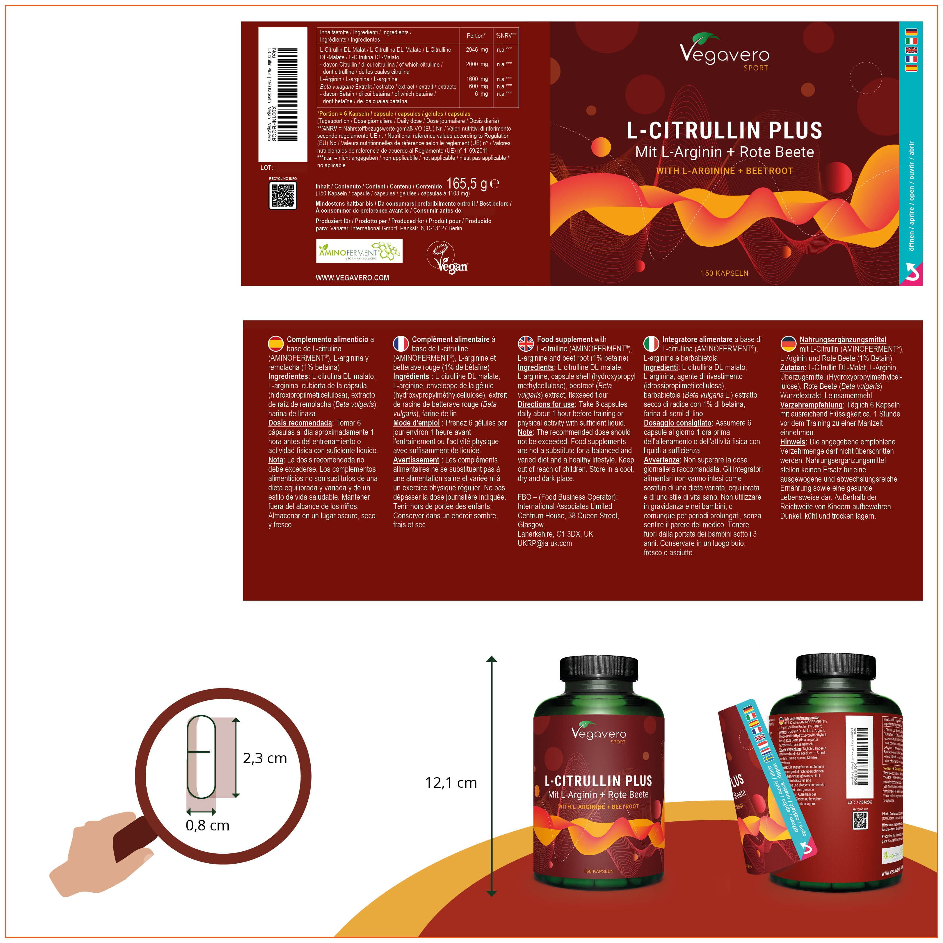 Confezione del prodotto con etichette. Bottiglia e dimensioni capsule. Sigillo: Prodotto per sport pulito. Vegano.