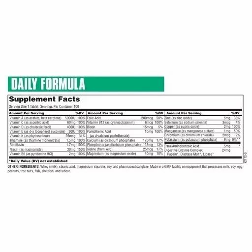 Nährwerttabelle mit Vitaminen und Mineralien. Auflistung der Inhaltsstoffe und prozentualer Tagesbedarf.