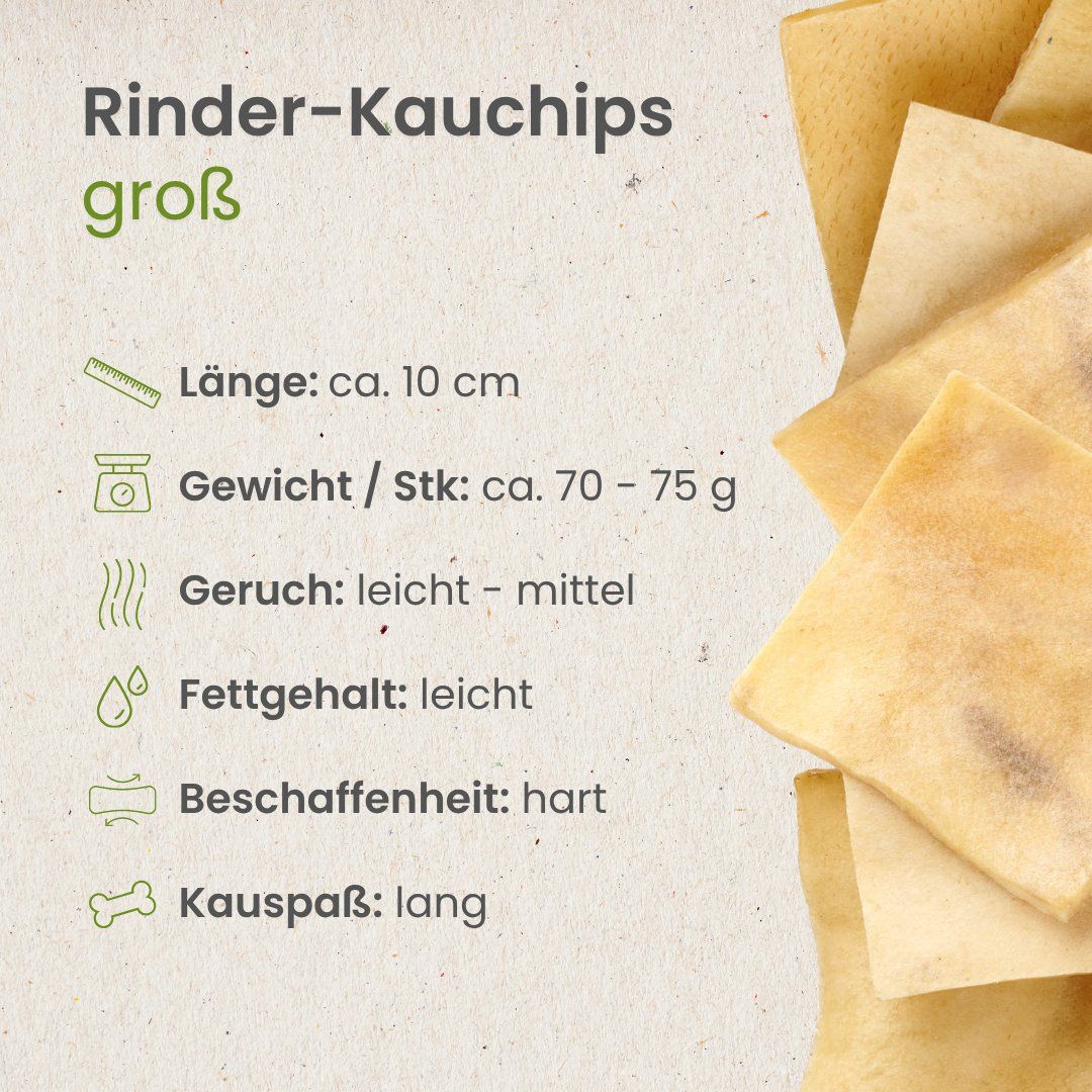 Große Rinder-Kauchips, ca. 10 cm lang, 70-75 g pro Stück.