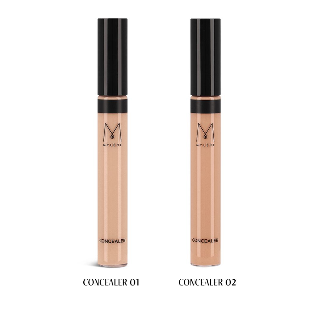 Zwei Concealer-Tuben, beige, mit schwarzem Deckel. Aufschrift CONCEALER 01 und CONCEALER 02. Marke Mylène.