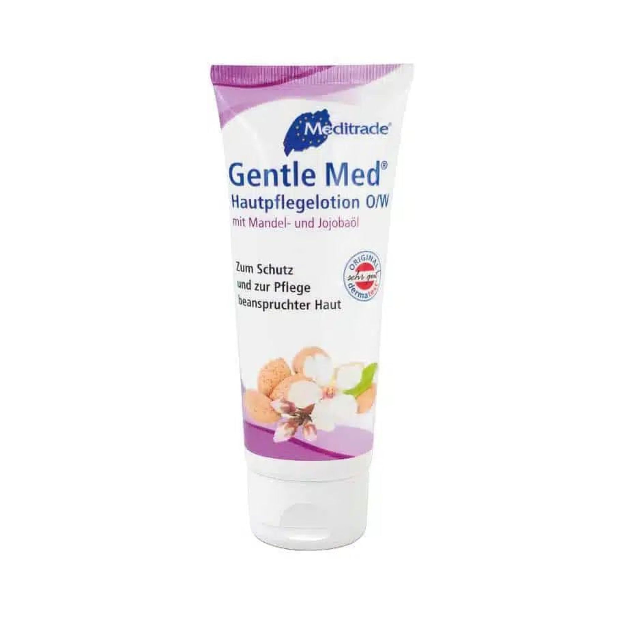 Weiße Tube mit lila Akzenten. Aufschrift: Gentle Med Hautpflegelotion O/W. Mit Mandel- und Jojobaöl. Original-Qualität.