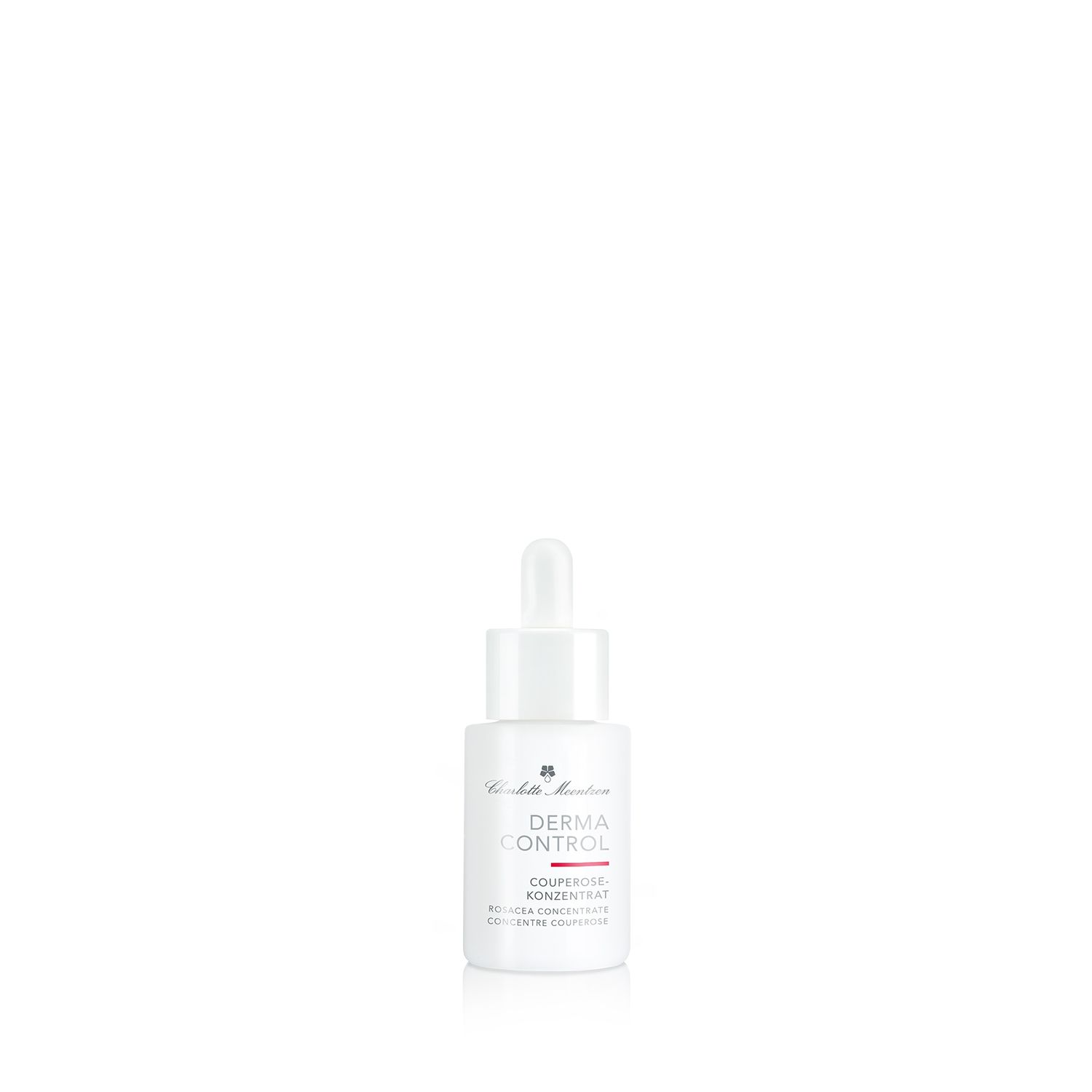 Weißes Fläschchen mit Pipette. Aufschrift: Derma Control Couperose Konzentrat. Marke: Charlotte Meentzen.