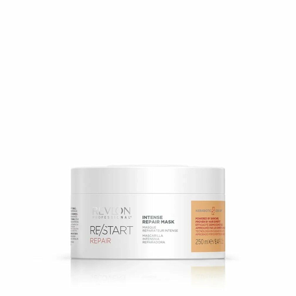 Weiße Dose mit Produktaufdruck. Text: Revlon Professional, Re/Start Repair, Intense Repair Mask. Orangefarbener Aufkleber mit Text.