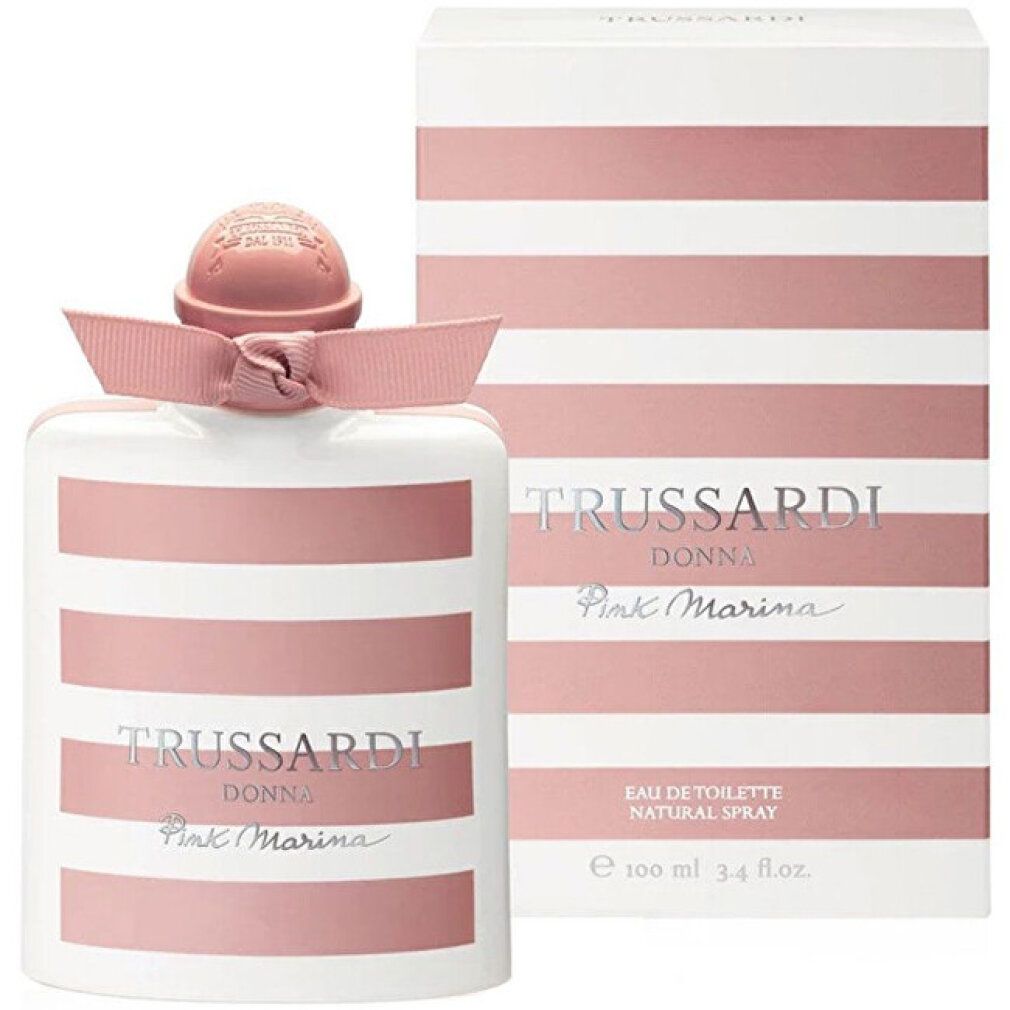Weiß-rosa gestreifte Schachtel und Flasche mit rosa Schleife. Aufschrift: TRUSSARDI DONNA Pink Marina.
