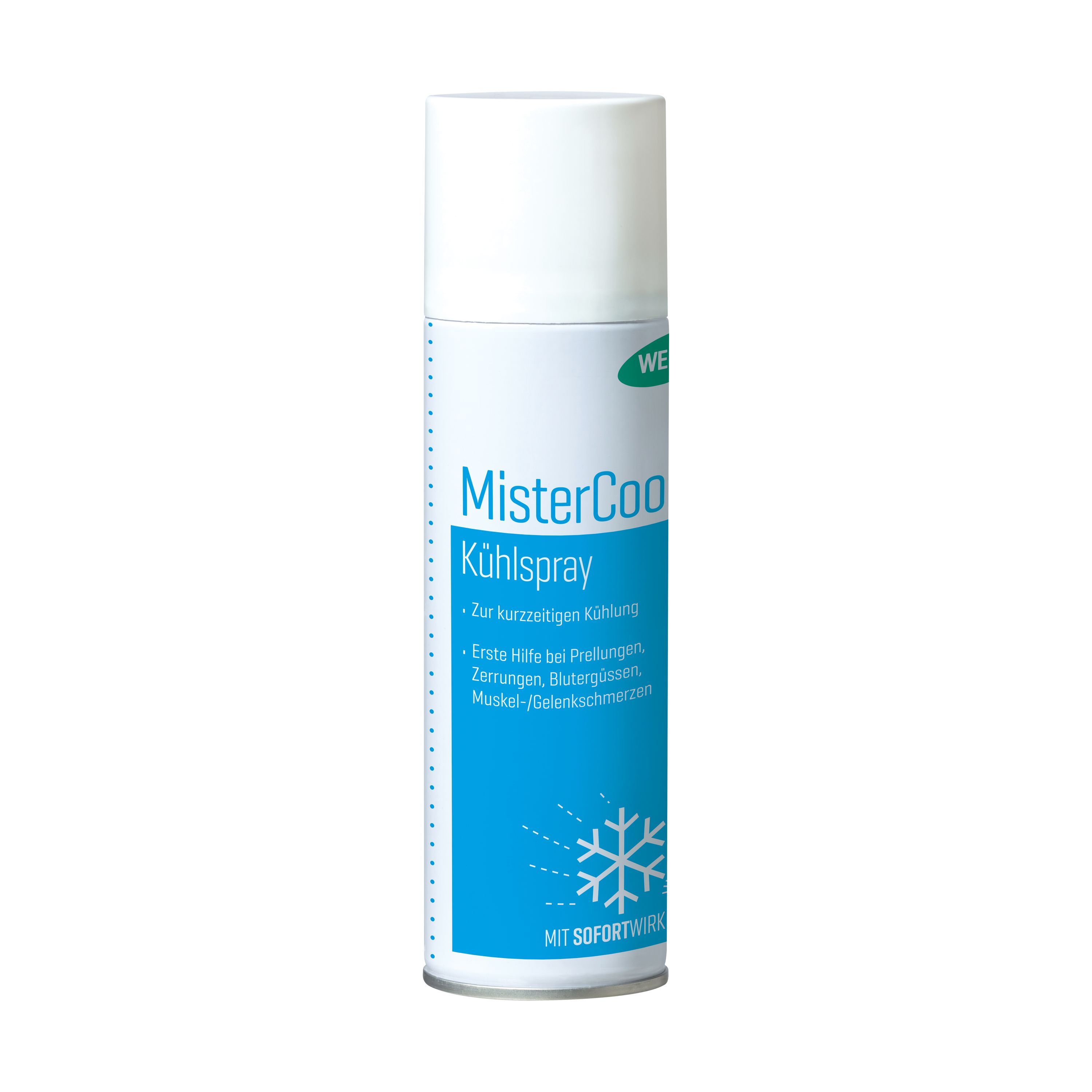 Kühlspray-Dose, weißer Deckel, blaue Beschriftung. Text: MisterCool Kühlspray, Erste Hilfe bei Prellungen, Zerrungen, Blutergüssen.