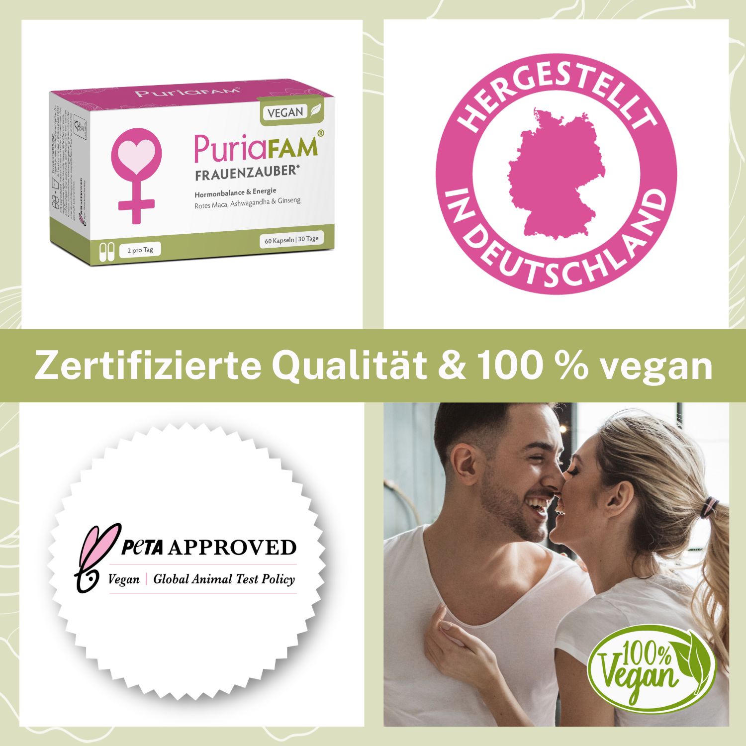 Kombination aus Produkt, Logo "Hergestellt in Deutschland", PETA-Logo, und Paar. "Zertifizierte Qualität & 100% vegan".