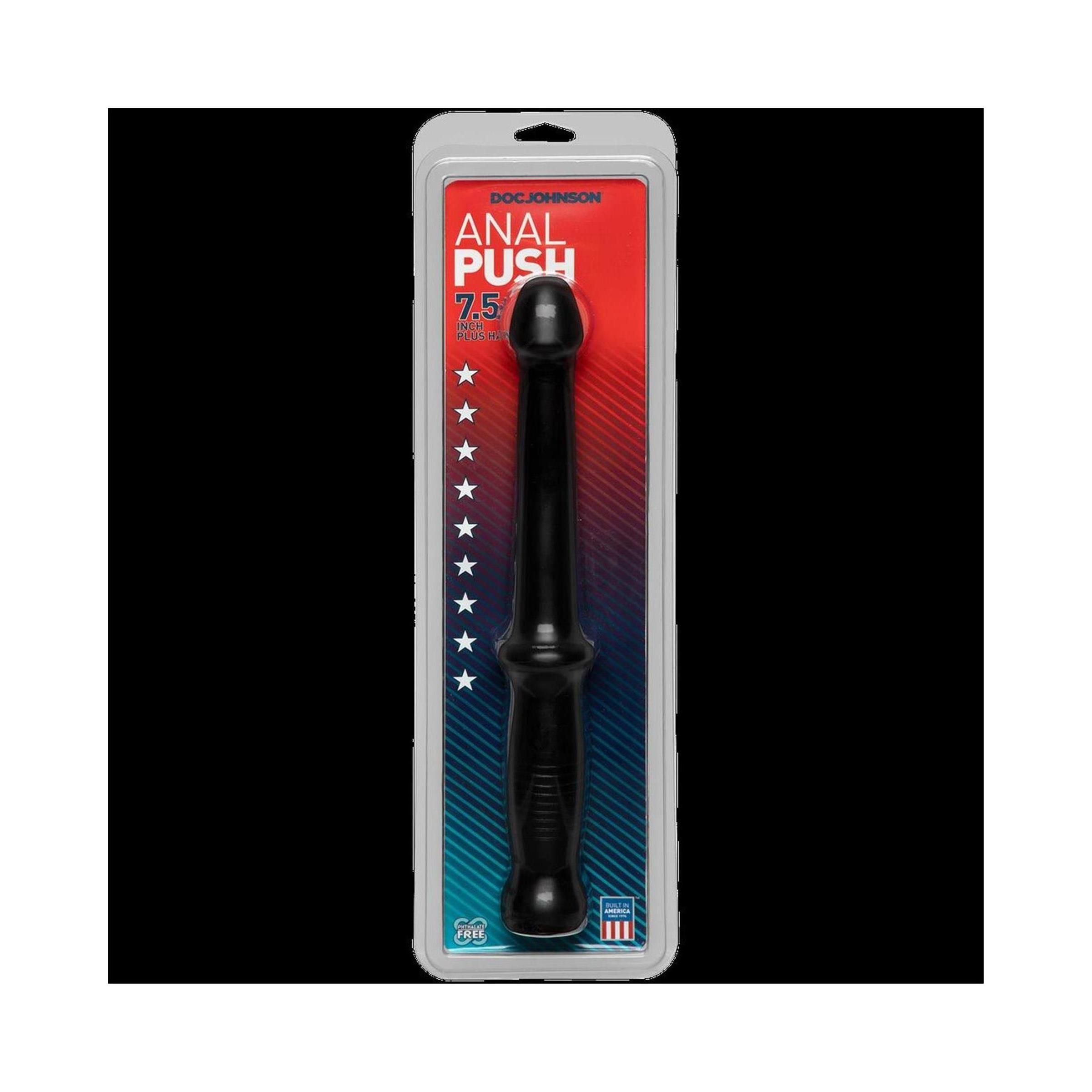 Schwarzer Dildo in Blisterverpackung. Mit Griff und abgerundeter Spitze. Verpackung mit Schriftzug "ANAL PUSH".