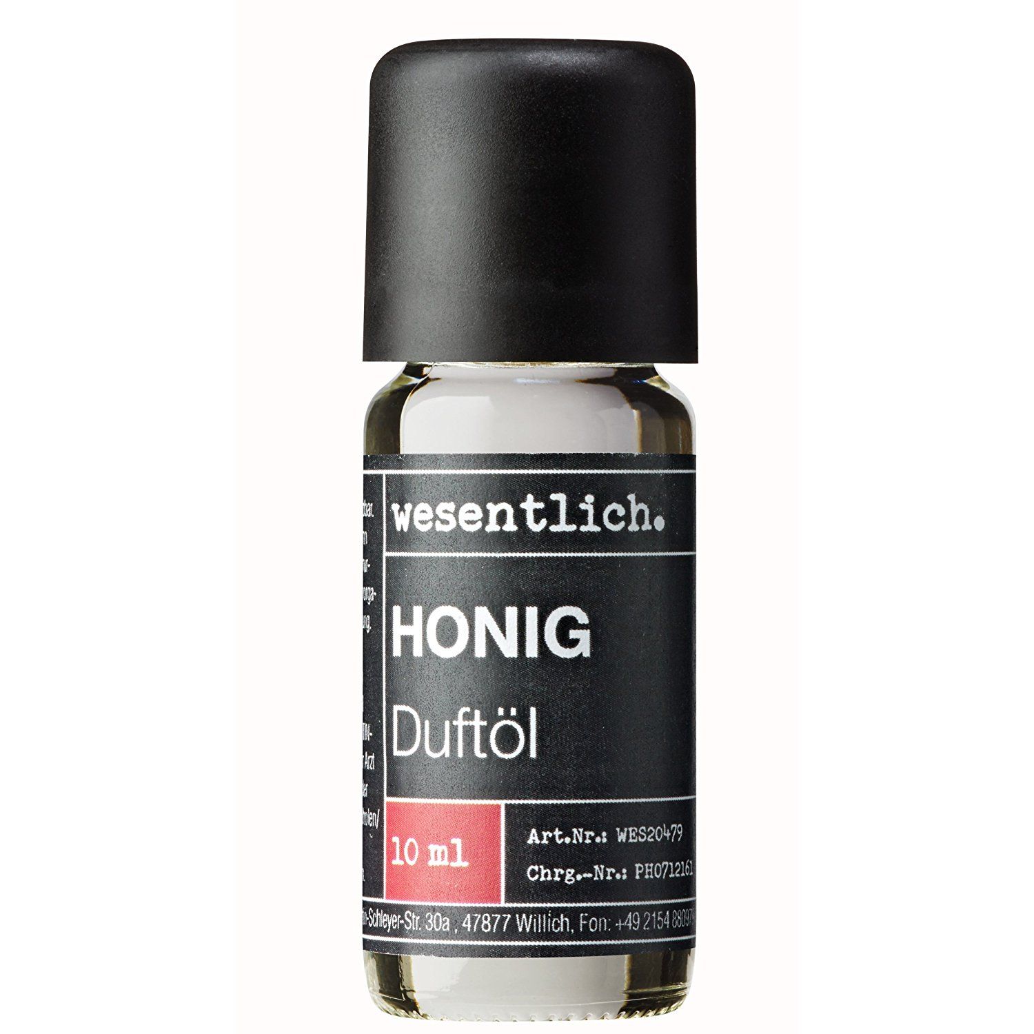 Kleine Glasflasche mit schwarzem Deckel. Etikett mit "wesentlich.", "HONIG Duftöl" und roter 10 ml Angabe.