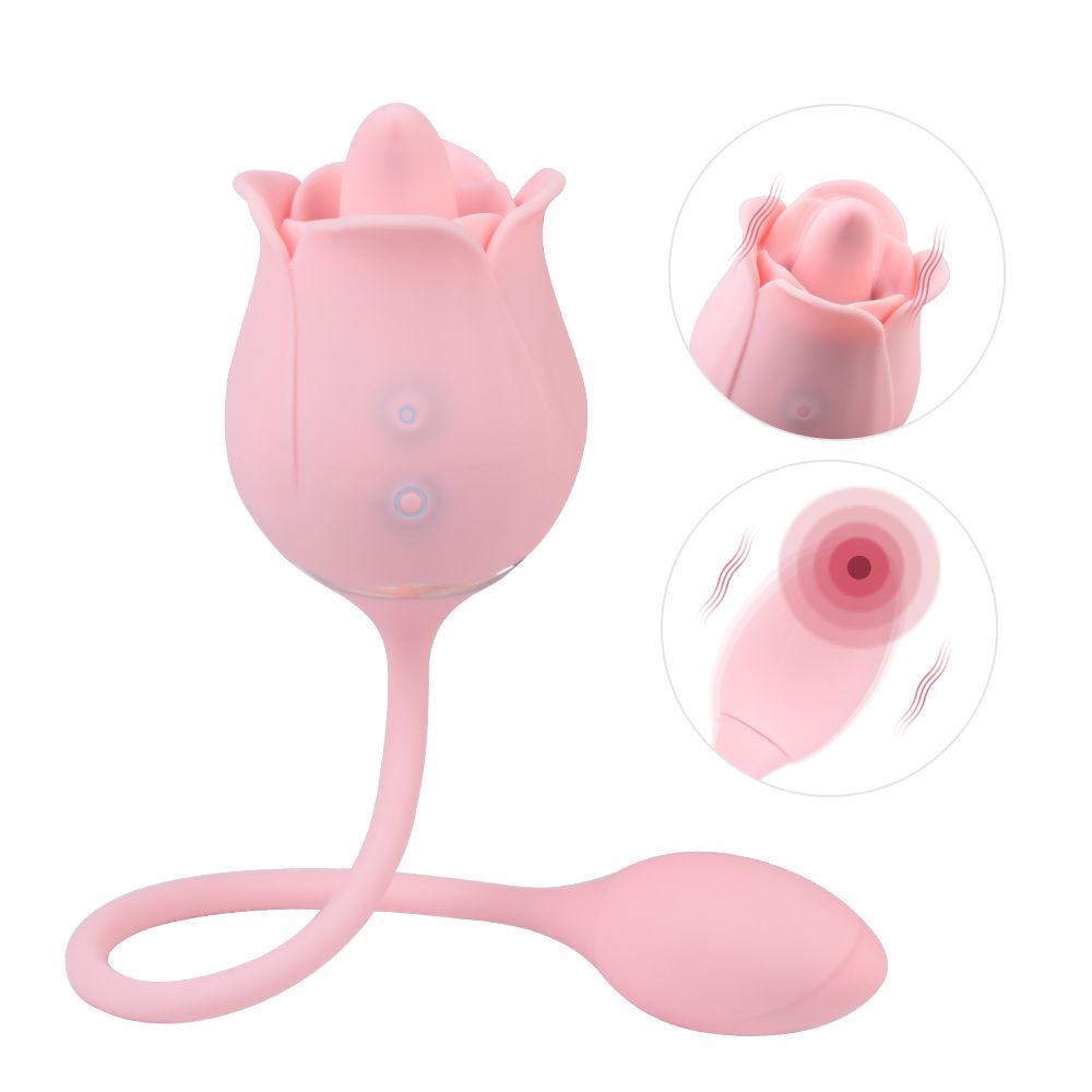 Rosa Vibrator in Rosenform mit Zungenaufsatz und Tropfenform. Zusätzliche Grafiken.